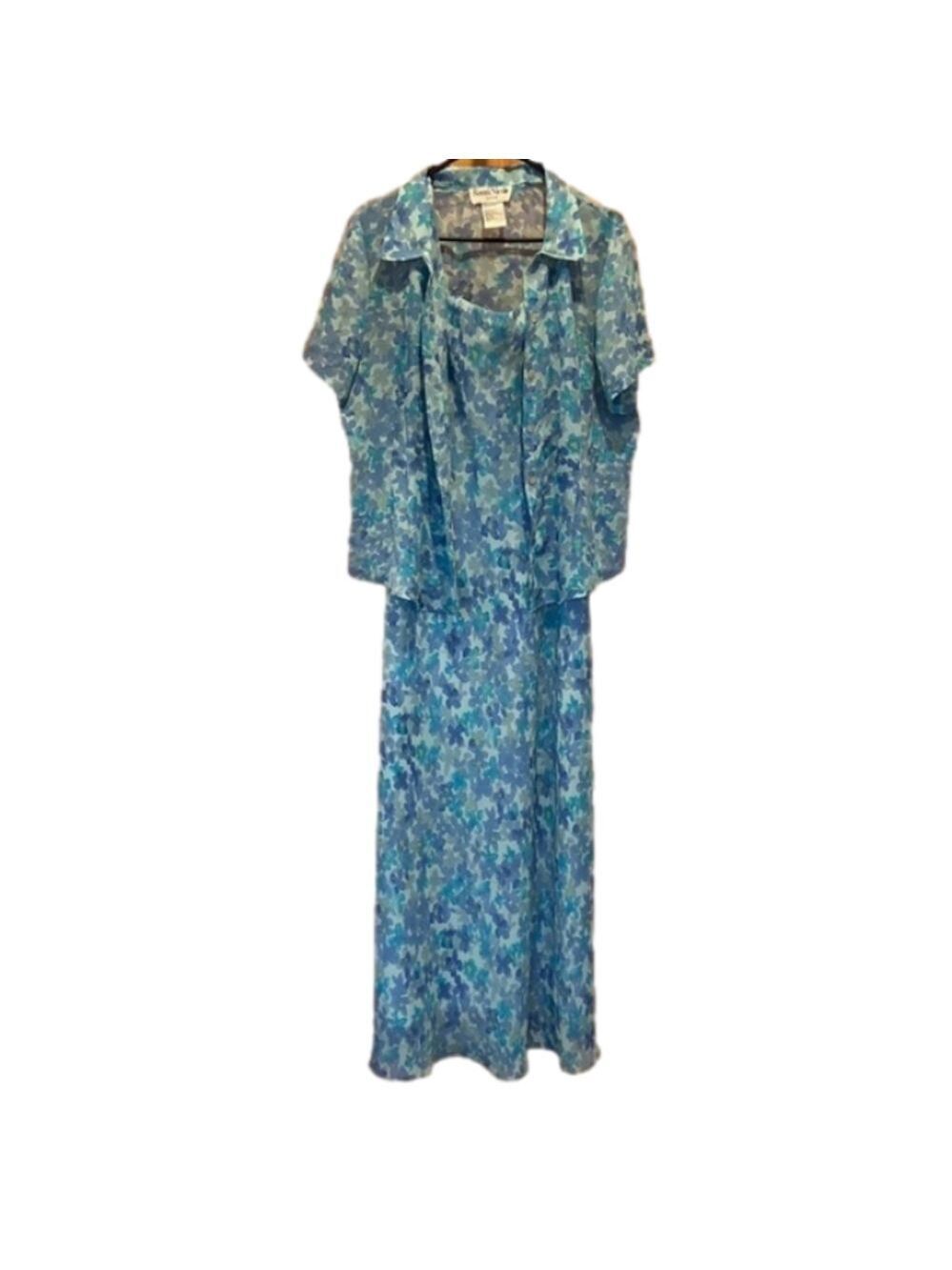 Ronni Nicole Blue Floral Sleeveless Maxi Dress and Matching Blouse Shell Size 14